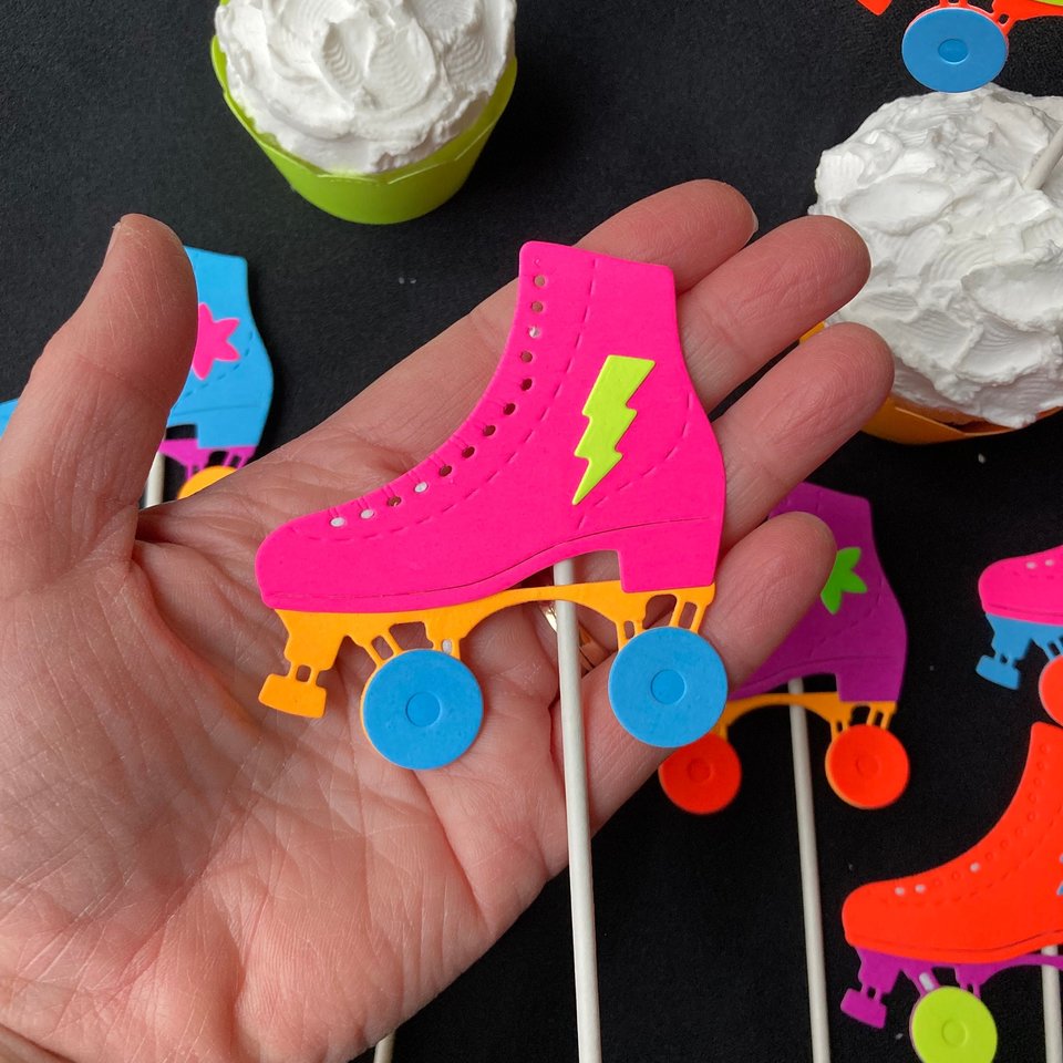 Skate Party Neon Cupcake Toppers, Glow Party Decor, Roller Skate Birthday Celebration, Fluorescent Party Decoration, UV Glow in the Dark