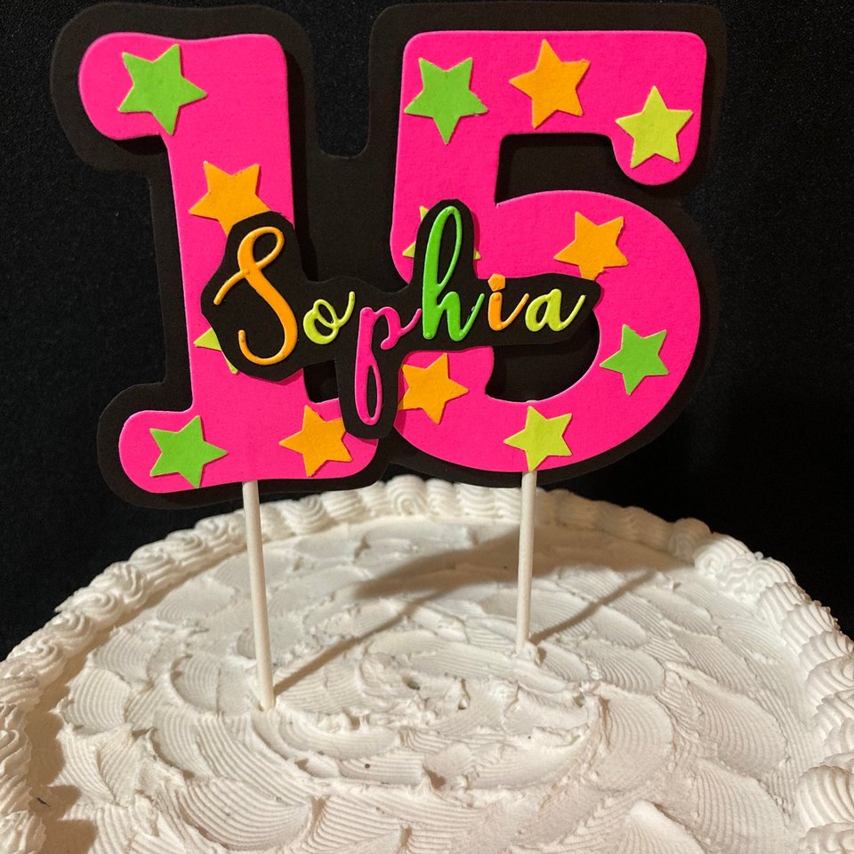 Neon Pink Age Glowing Cake Topper with Script Font Name