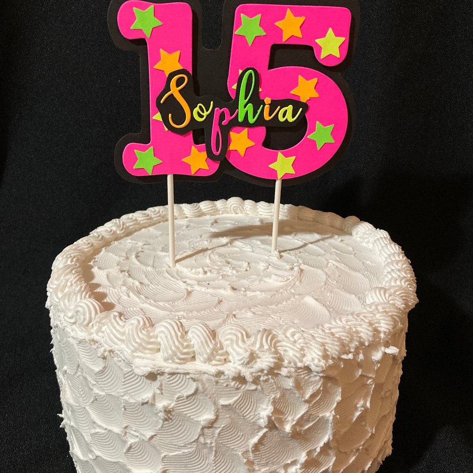 Neon Pink Age Glowing Cake Topper with Script Font Name