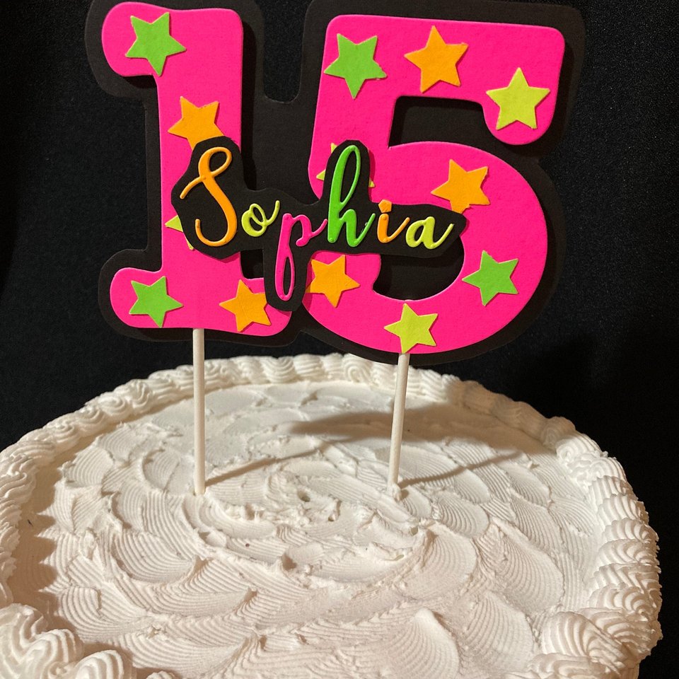 Neon Pink Age Glowing Cake Topper with Script Font Name