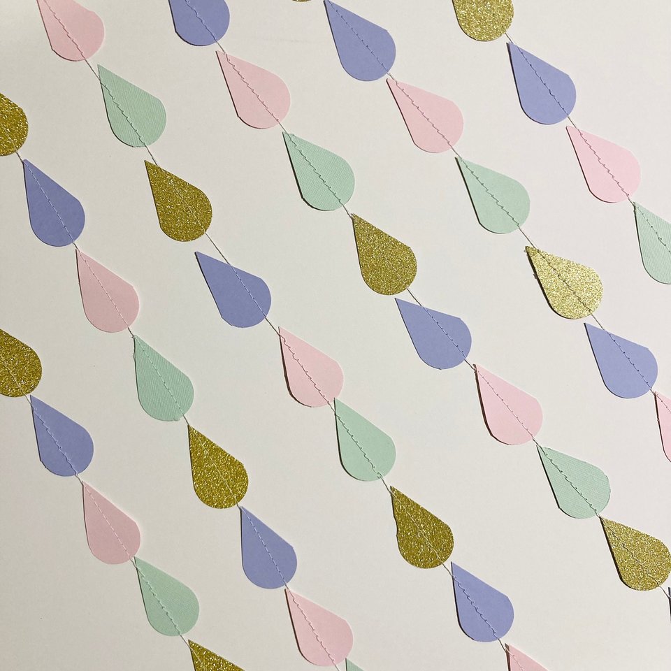 Gold Pink Mint Lavender Raindrop Baby Shower Garland, Pastel Raindrop Garland, Baby Sprinkle Decoration, Paper Drops, Hanging Raindrops