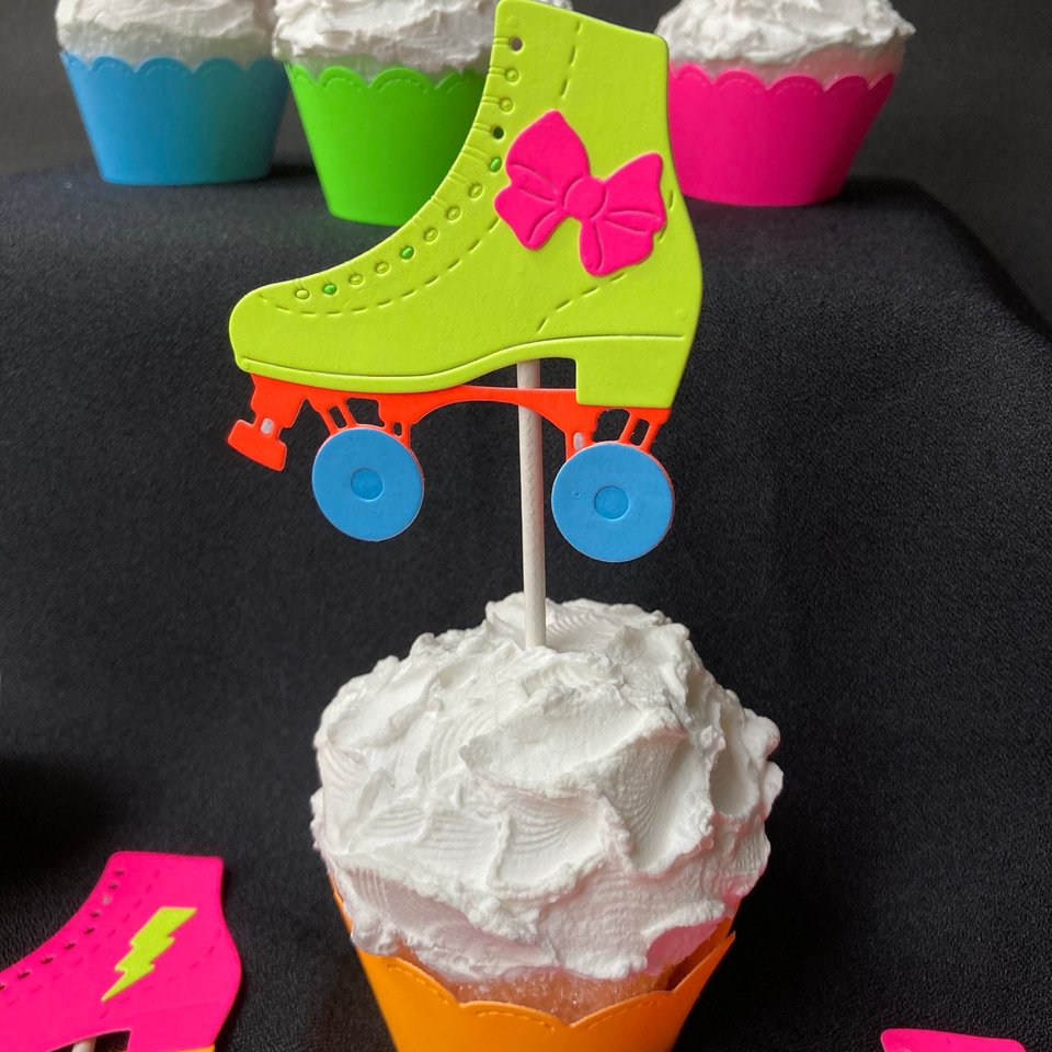 Skate Party Neon Cupcake Toppers, Glow Party Decor, Roller Skate Birthday Celebration, Fluorescent Party Decoration, UV Glow in the Dark