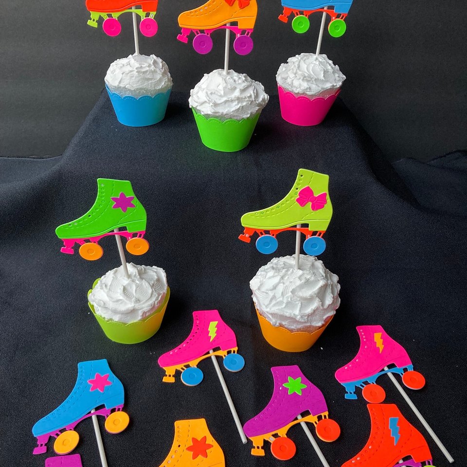 Skate Party Neon Cupcake Toppers, Glow Party Decor, Roller Skate Birthday Celebration, Fluorescent Party Decoration, UV Glow in the Dark