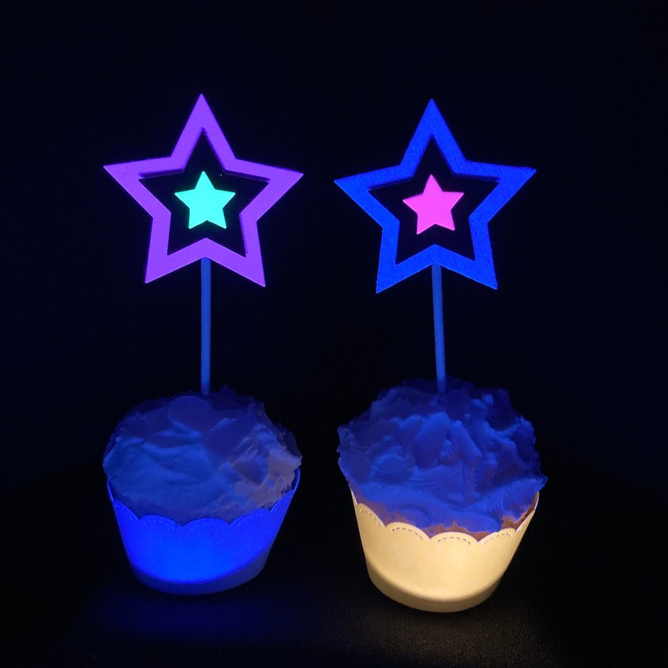 Glow in the Dark Neon Star 12 Cupcake Toppers, Glow Party Supply, Cupcake Decor, Black Light Decoration, Fluorescent UV Reflective Stars