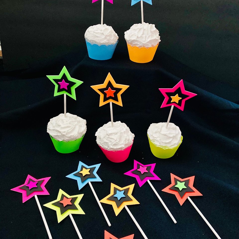 Glow in the Dark Neon Star 12 Cupcake Toppers, Glow Party Supply, Cupcake Decor, Black Light Decoration, Fluorescent UV Reflective Stars