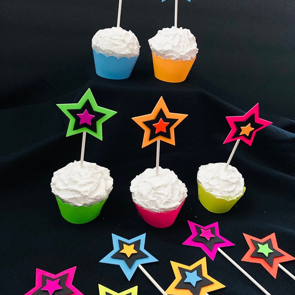 Glow in the Dark Neon Star 12 Cupcake Toppers, Glow Party Supply, Cupcake Decor, Black Light Decoration, Fluorescent UV Reflective Stars