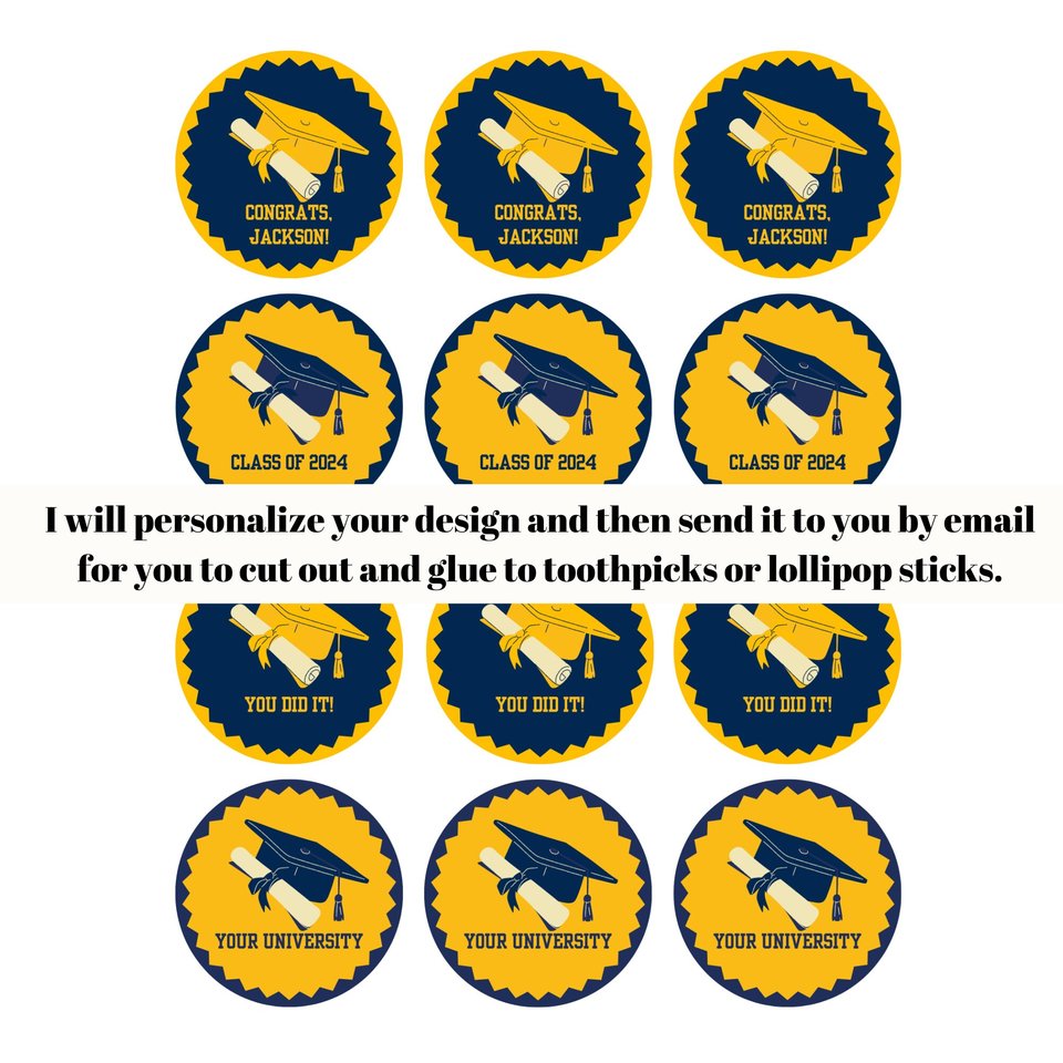 University of California Printable Navy and Gold Graduation Cupcake Toppers, DIY Grad Toppers, Personalized Grad Celebration, Blue and Gold