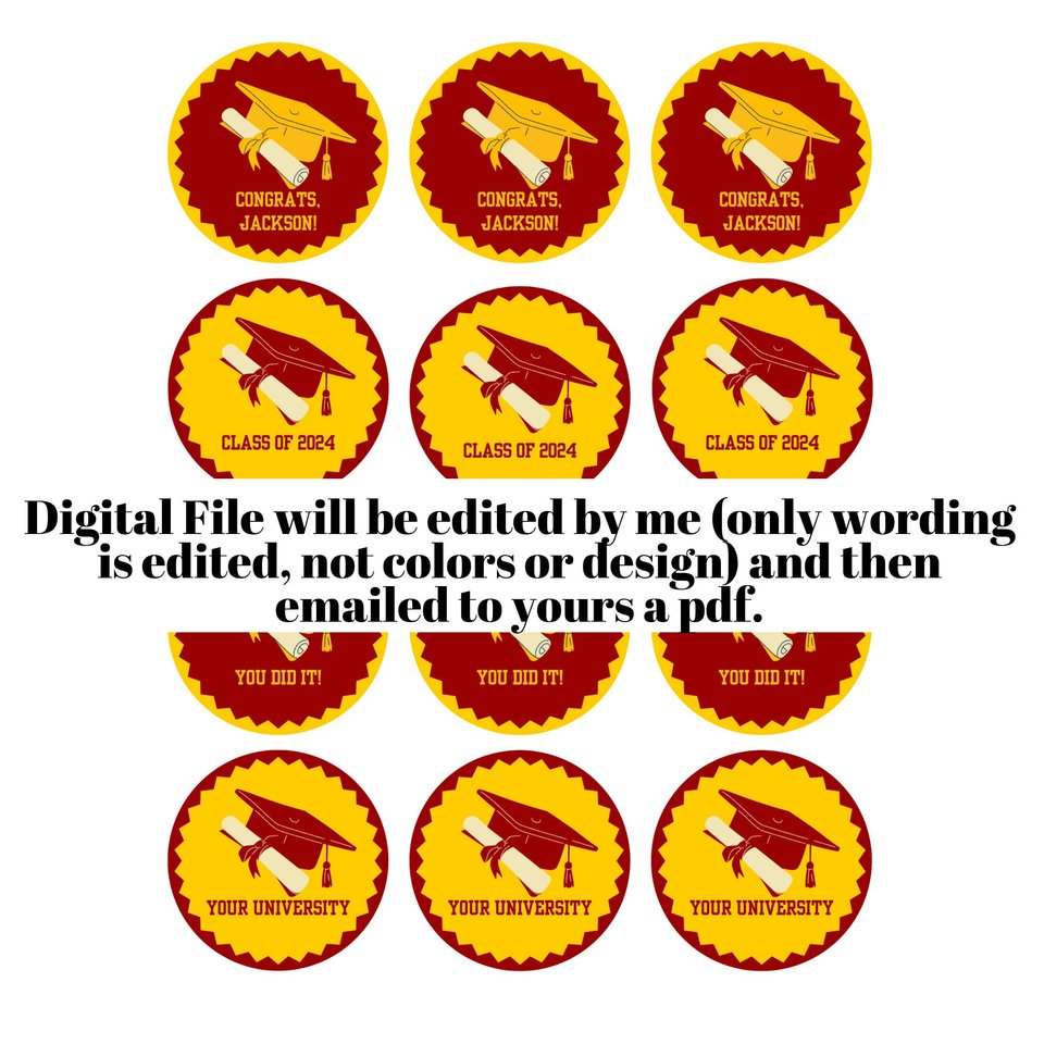 University of Southern California Editable Graduation Cupcake Toppers, Cardinal Red and Yellow, DIY Grad Toppers, Personalized Grad Party