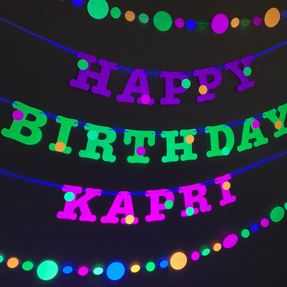Glow Party Birthday Banner, Neon fluorescent birthday banner with garlands, UV Reflective Birthday Banner, Blacklight Party Sign, 80s Party