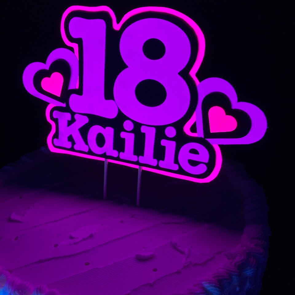 Neon Pink and Purple Glow Party Cake Topper, Black Light Party Decor, Personalized Name and Age Birthday Cake Decoration, 18th Birthday