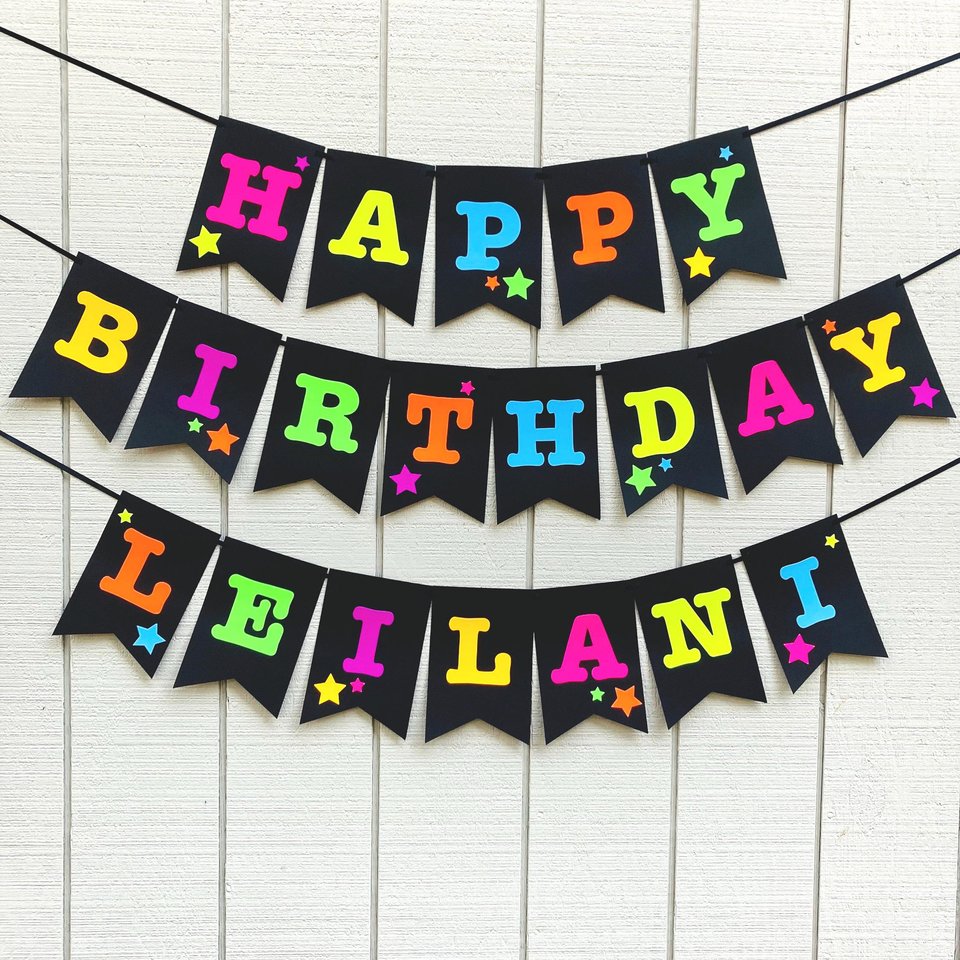 Neon Star Birthday Banner, Glow Party, Personalized Banner, Glow in the Dark Sign, UV Reflective, Black Light Decor, 80s Party, Skate Party