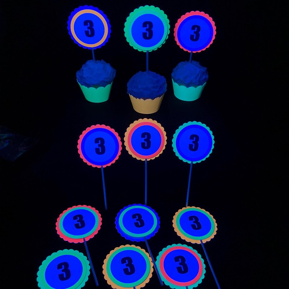 Neon Birthday Cupcake Toppers, Black Light Party Decor, Fluorescent Cupcake Decoration, Birthday Number Topper, UV Reflective, 3rd Birthday