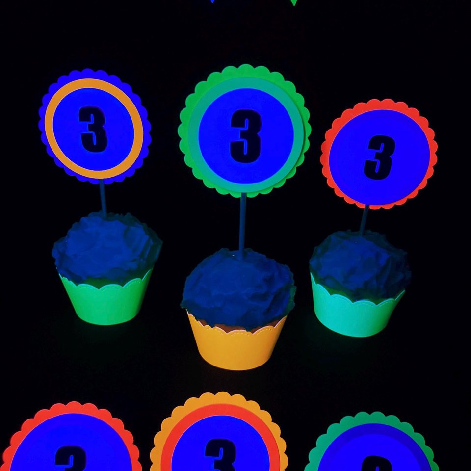 Neon Birthday Cupcake Toppers, Black Light Party Decor, Fluorescent Cupcake Decoration, Birthday Number Topper, UV Reflective, 3rd Birthday