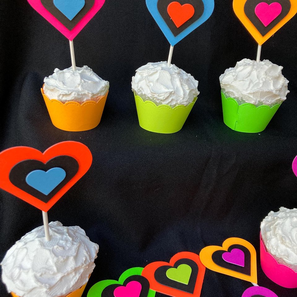 Neon Heart Cupcake Toppers, Glow in the Dark Hearts, Glow Party Supply, Cupcake Decor, Black Light Decoration, Fluorescent UV Reflective