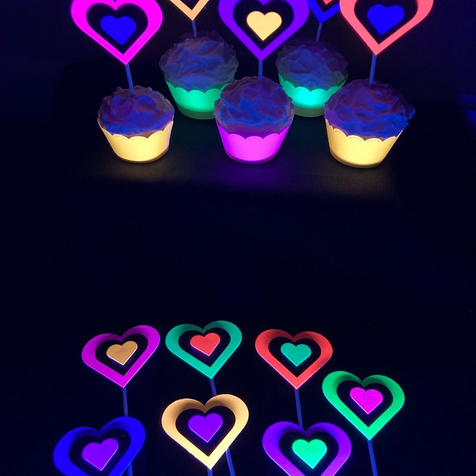Neon Heart Cupcake Toppers, Glow in the Dark Hearts, Glow Party Supply, Cupcake Decor, Black Light Decoration, Fluorescent UV Reflective
