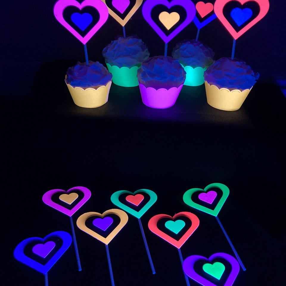 Neon Heart Cupcake Toppers, Glow in the Dark Hearts, Glow Party Supply, Cupcake Decor, Black Light Decoration, Fluorescent UV Reflective