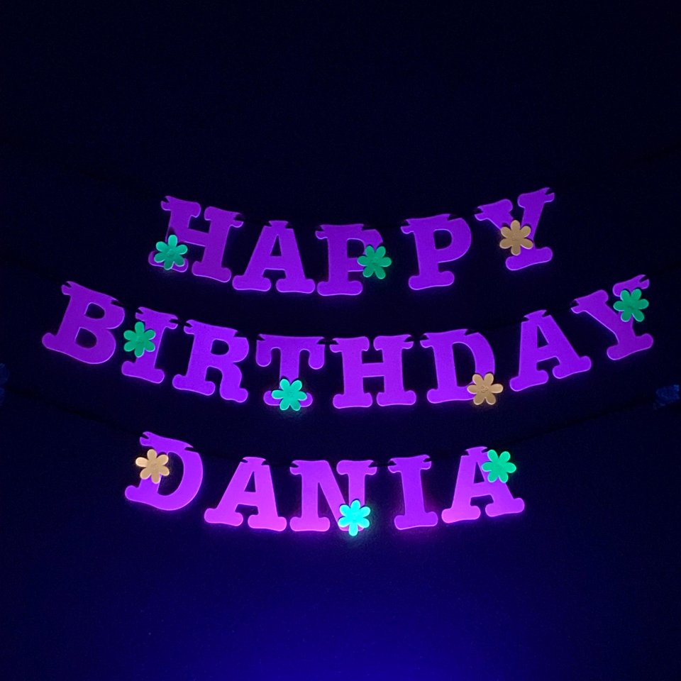 Flower Power Glow Party Birthday Banner, Neon Happy Birthday Sign, UV Reflective Decor, Glow Party Supply, Retro 80s Personalized Sign