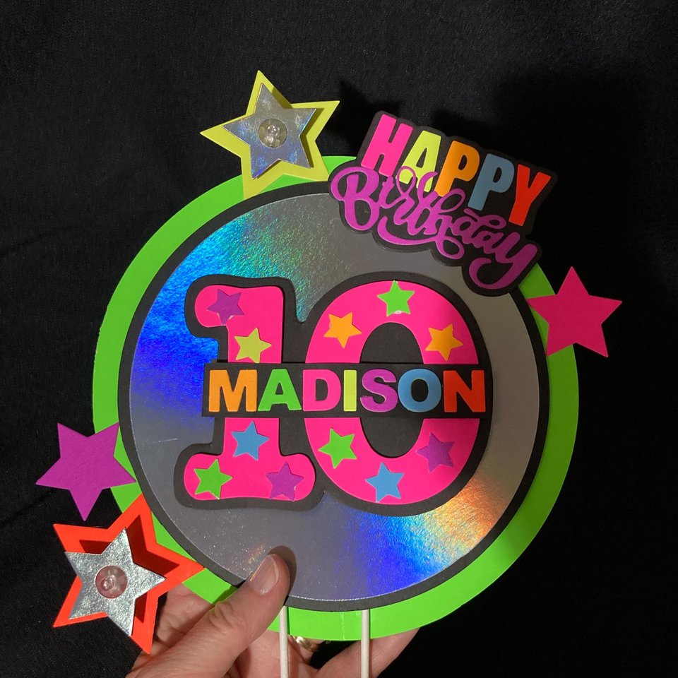 LED Lights Glow Party Neon Birthday Cake Topper, Personalized Age and Name Topper, UV Fluorescent Cake Decoration, Star Cake Centerpiece