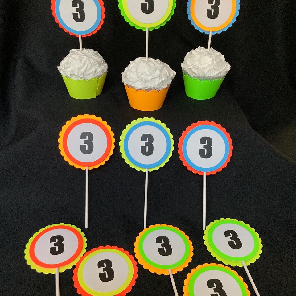 Neon Birthday Cupcake Toppers, Black Light Party Decor, Fluorescent Cupcake Decoration, Birthday Number Topper, UV Reflective, 3rd Birthday
