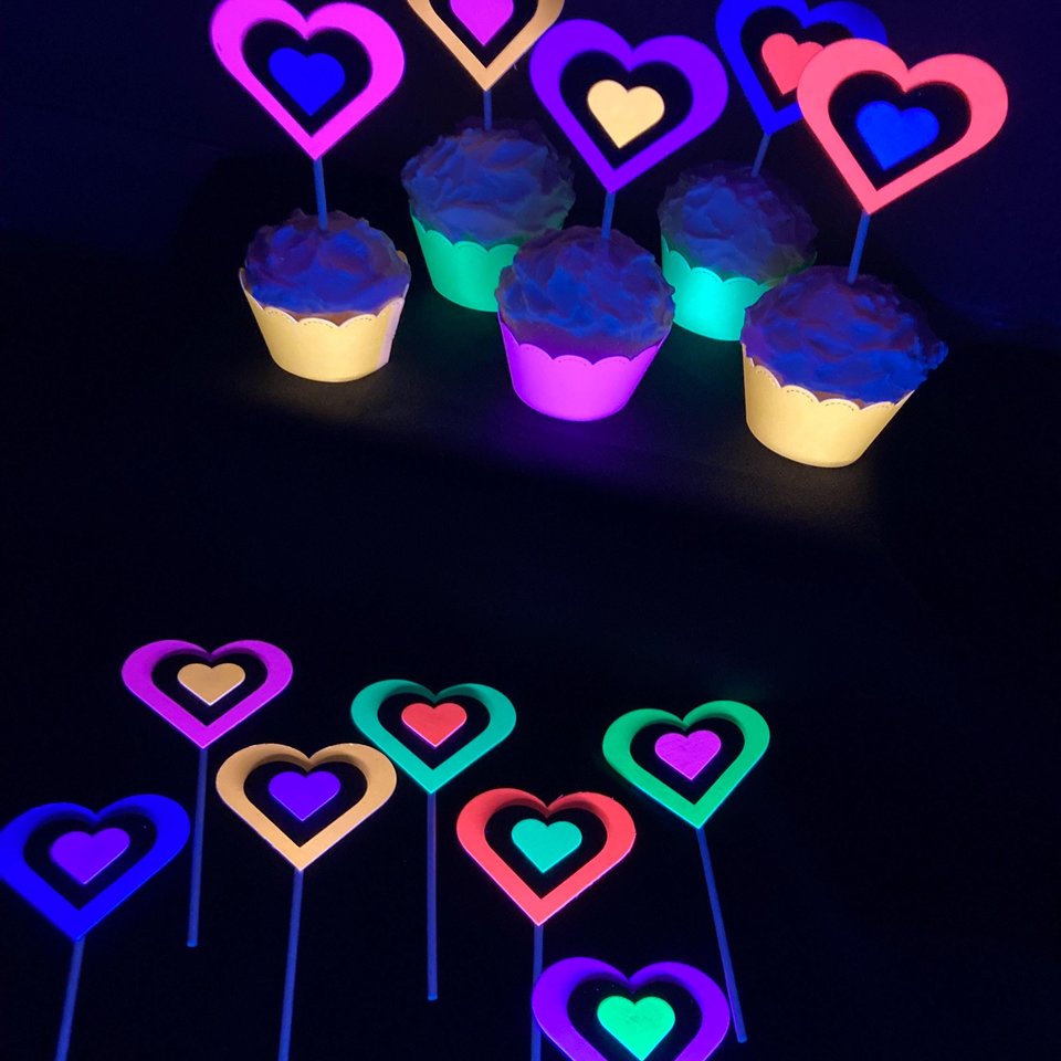 Neon Heart Cupcake Toppers, Glow in the Dark Hearts, Glow Party Supply, Cupcake Decor, Black Light Decoration, Fluorescent UV Reflective
