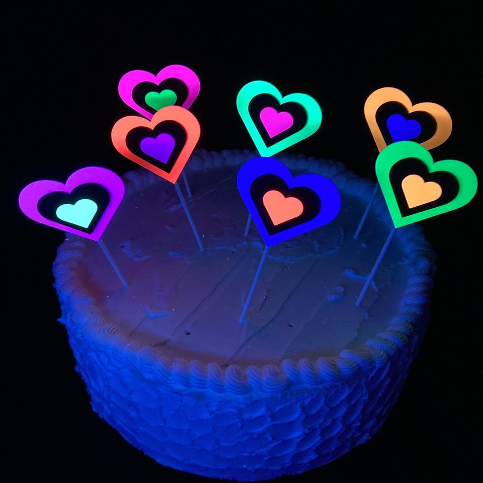 Neon Heart Cupcake Toppers, Glow in the Dark Hearts, Glow Party Supply, Cupcake Decor, Black Light Decoration, Fluorescent UV Reflective