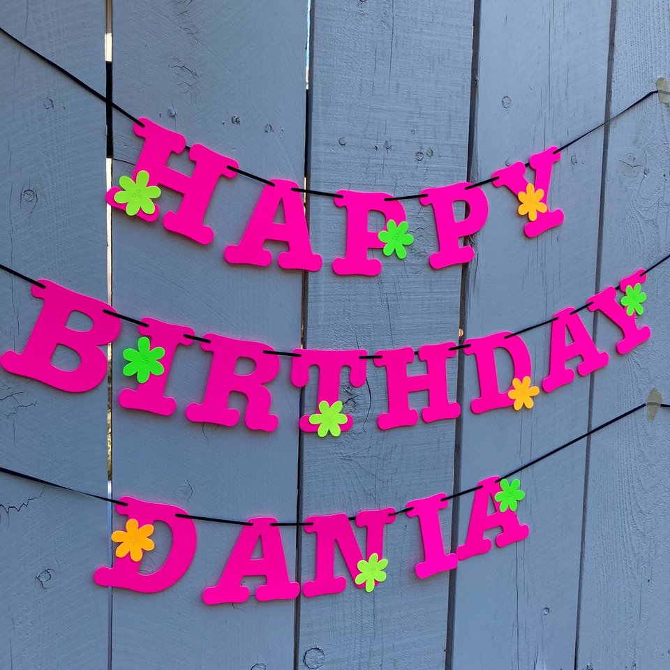 Flower Power Glow Party Birthday Banner, Neon Happy Birthday Sign, UV Reflective Decor, Glow Party Supply, Retro 80s Personalized Sign