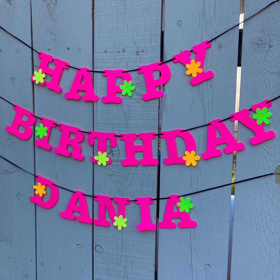 Flower Power Glow Party Birthday Banner, Neon Happy Birthday Sign, UV Reflective Decor, Glow Party Supply, Retro 80s Personalized Sign