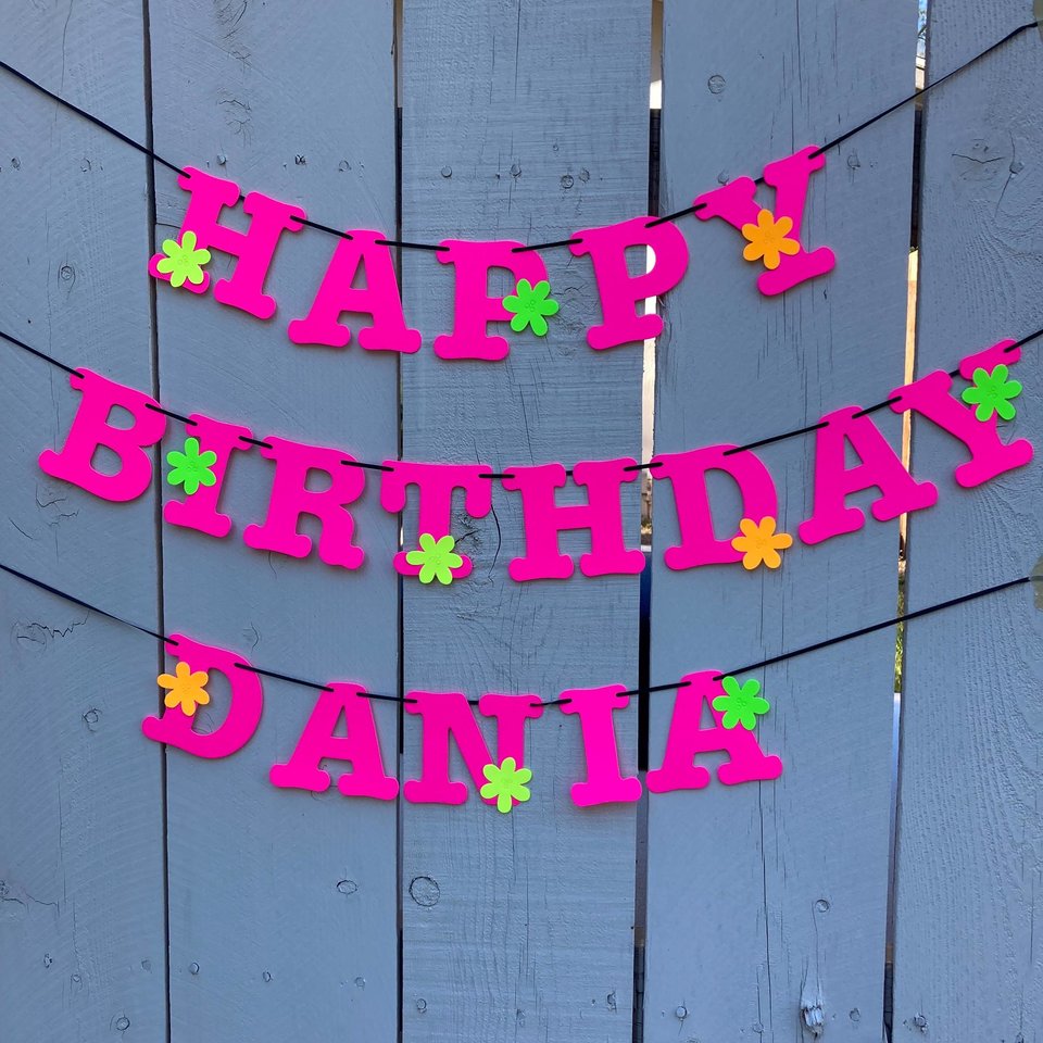 Flower Power Glow Party Birthday Banner, Neon Happy Birthday Sign, UV Reflective Decor, Glow Party Supply, Retro 80s Personalized Sign