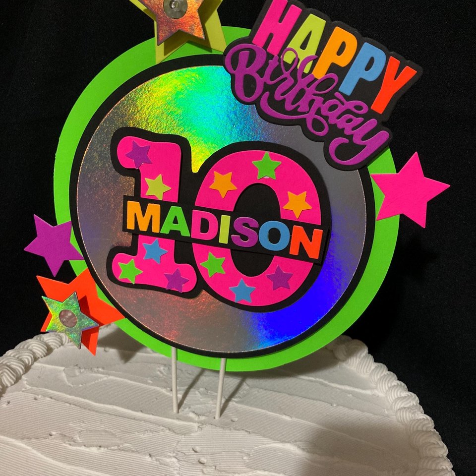 LED Lights Glow Party Neon Birthday Cake Topper, Personalized Age and Name Topper, UV Fluorescent Cake Decoration, Star Cake Centerpiece