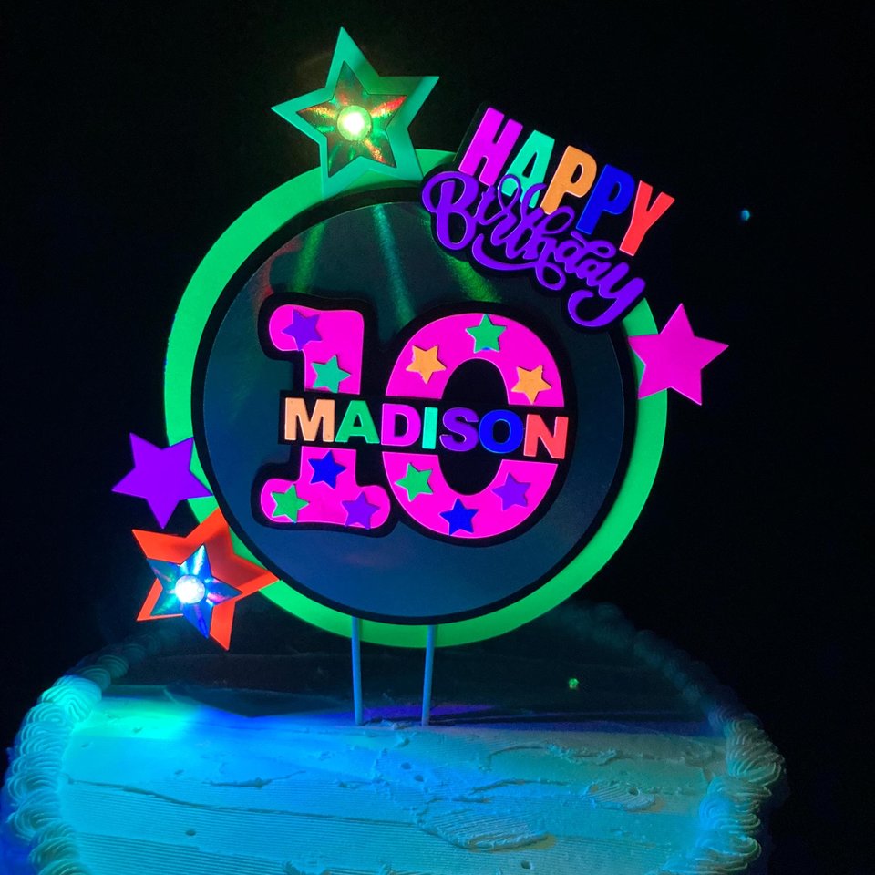 LED Lights Glow Party Neon Birthday Cake Topper, Personalized Age and Name Topper, UV Fluorescent Cake Decoration, Star Cake Centerpiece