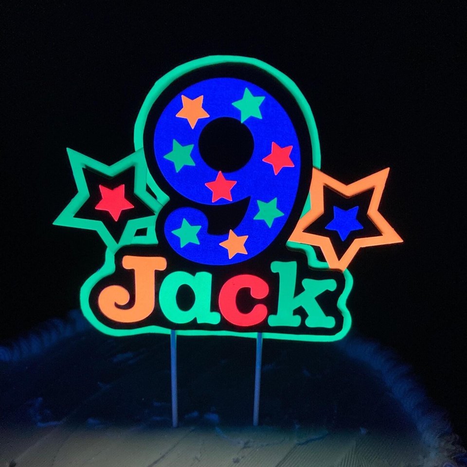 Glow in the dark cake topper for boy, boy neon birthday party decoration, UV reflective decor, Fluorescent cake centerpiece, cool birthday