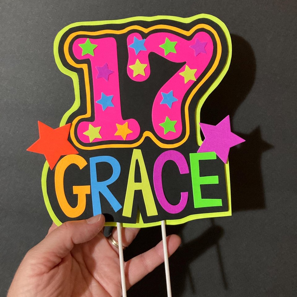 Personalized Birthday Neon Cake Topper, Glow Party Neon 17th Birthday Cake Decor, Name Age Birthday Decoration, UV Glow in the Dark Supplies