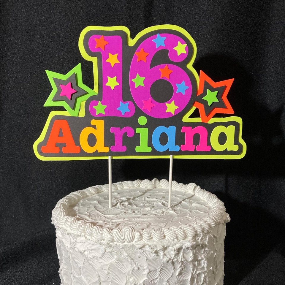 Neon UV Reflective Cake Topper, Personalized Glow Birthday Cake Centerpiece, Name and Age Cake Decor, Glow Party Decorations, 7th Birthday