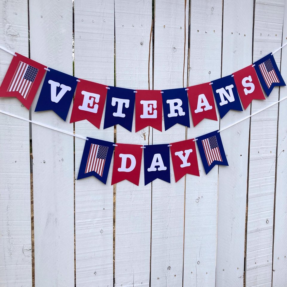 Veterans Day Banner, Patriotic Holiday Sign, November 11 Community Event Gathering, Red White and Blue Flag Banner, National Holiday Pennant