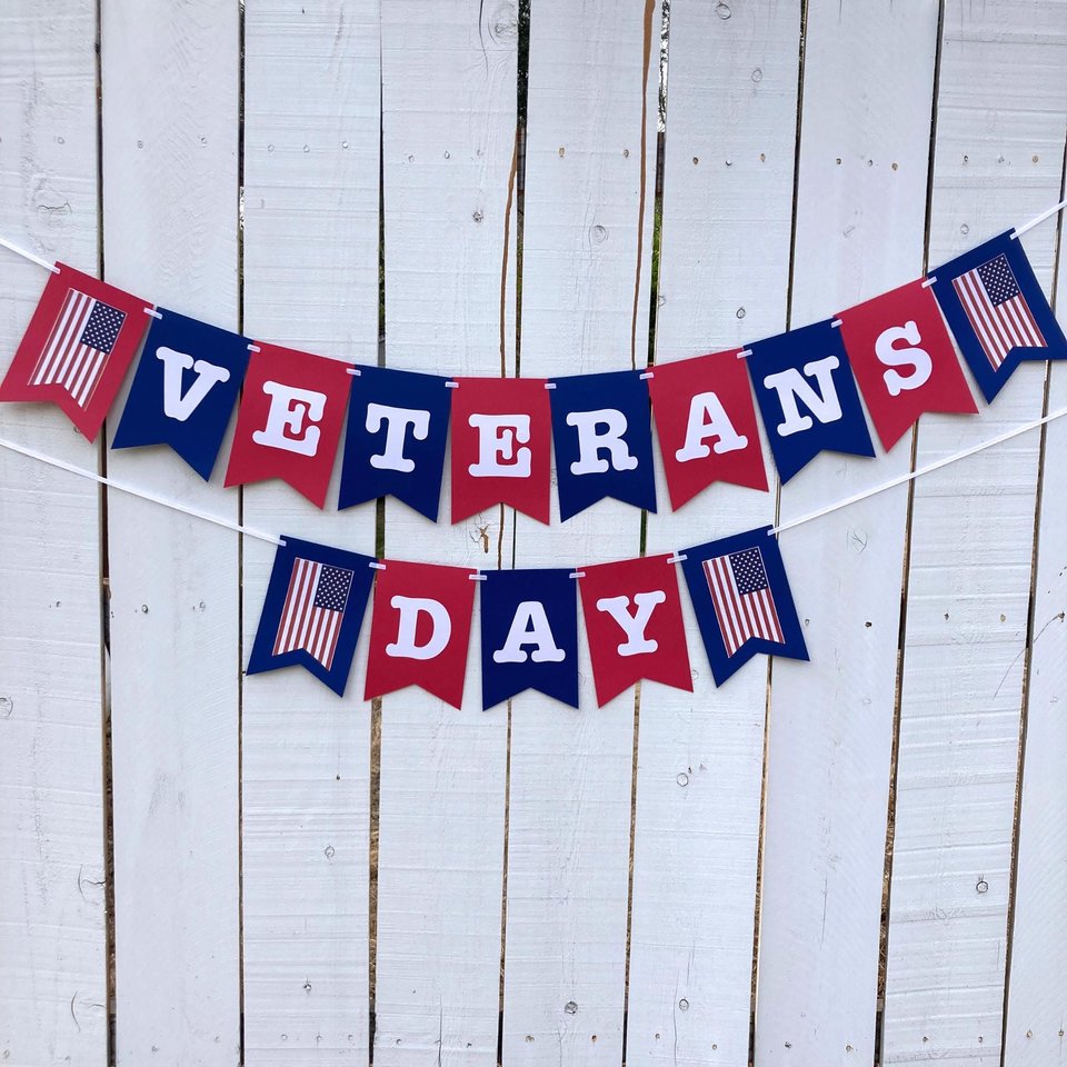 Veterans Day Banner, Patriotic Holiday Sign, November 11 Community Event Gathering, Red White and Blue Flag Banner, National Holiday Pennant