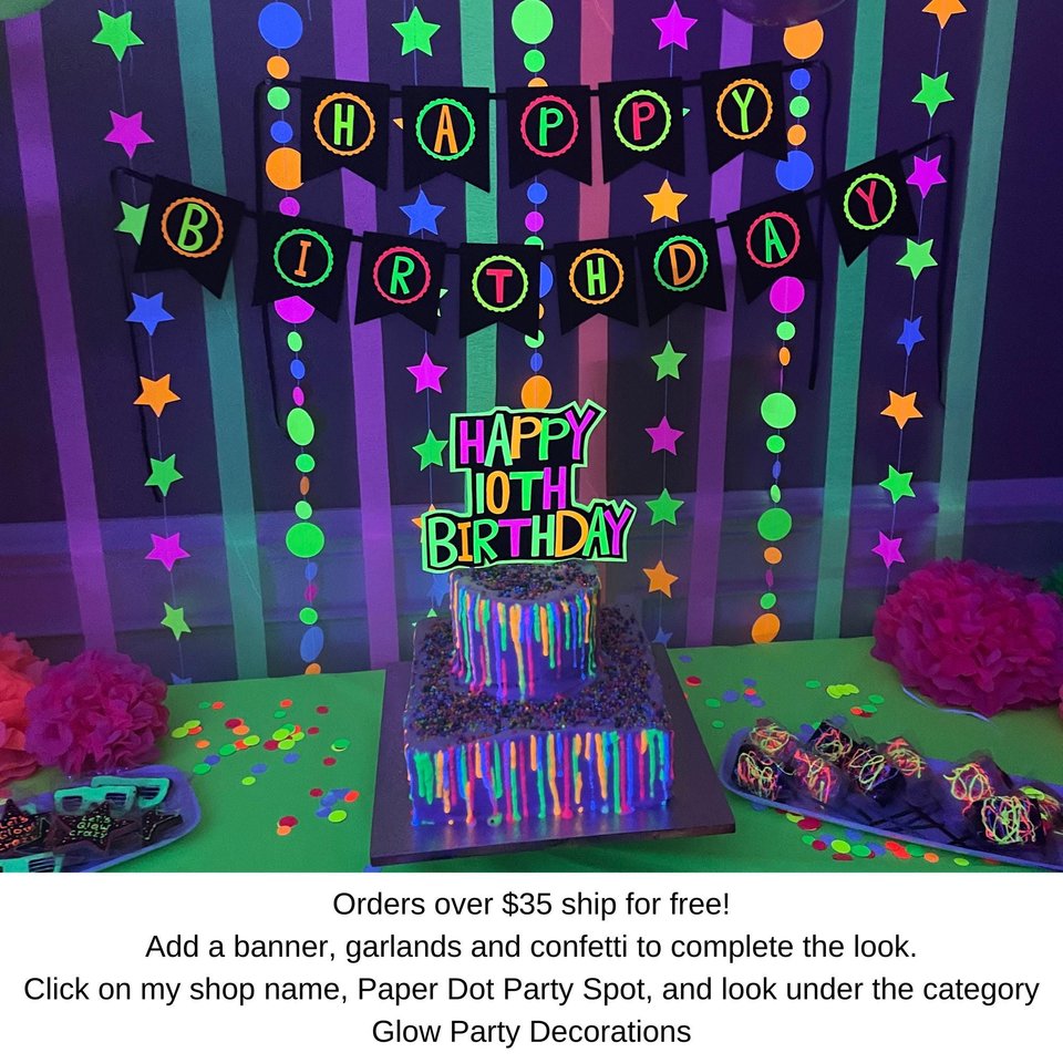 Personalized Neon Happy Birthday Cake Topper, Retro 80s Glow Party Sign, UV Reflective Cake Decoration, Fluorescent Custom Name Centerpiece