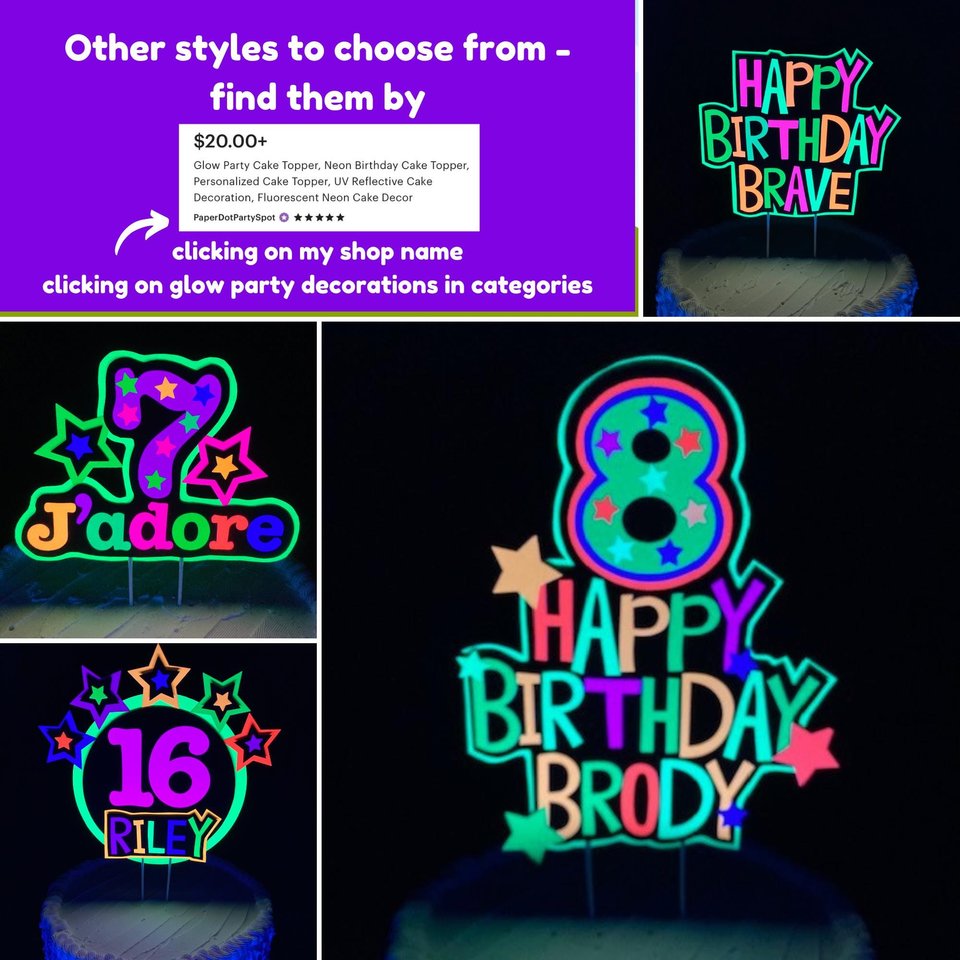 Personalized Neon Happy Birthday Cake Topper, Retro 80s Glow Party Sign, UV Reflective Cake Decoration, Fluorescent Custom Name Centerpiece