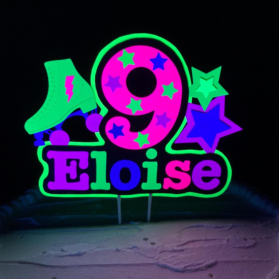Roller Skate 9th Birthday Party Cake Topper, Neon Cake Decoration, Skate Glow Party Birthday, Personalized Custom Cake Sign, Child Birthday