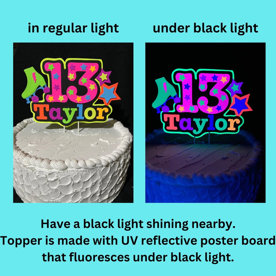 13th Birthday Party Neon Cake Topper, Personalized Roller Skate Glow Party Cake Decoration with Name and Age, , Fluorescent Star Centerpiece