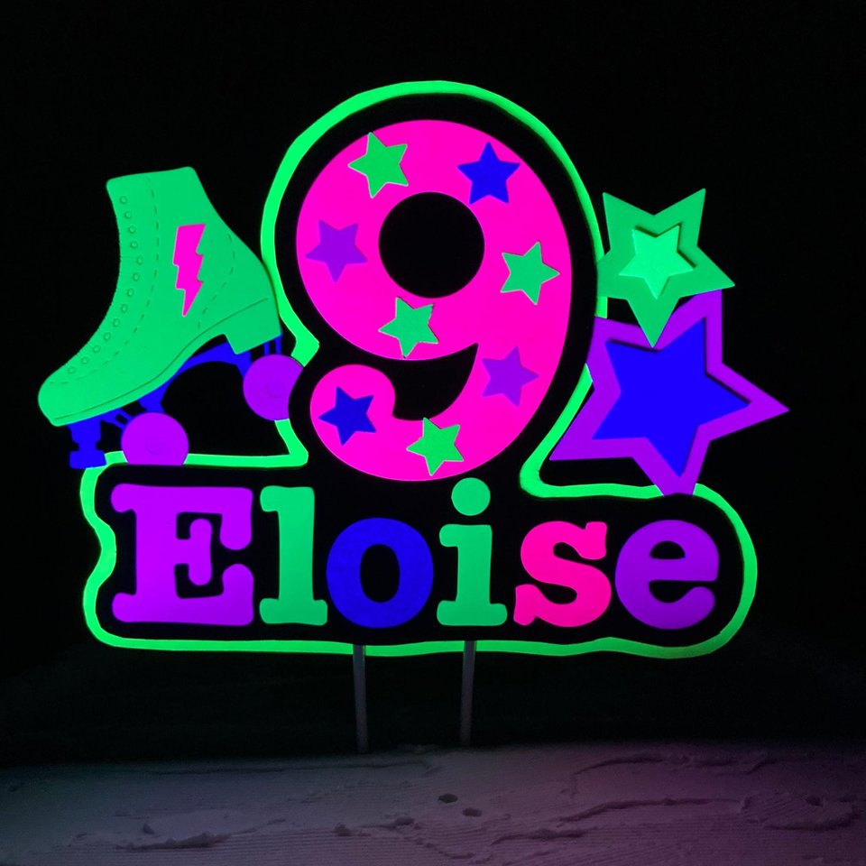 13th Birthday Party Neon Cake Topper, Personalized Roller Skate Glow Party Cake Decoration with Name and Age, , Fluorescent Star Centerpiece