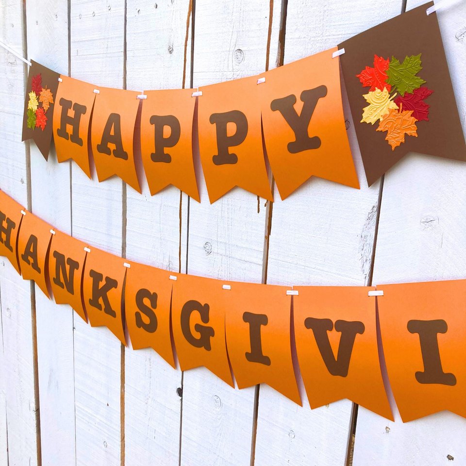 Happy Thanksgiving Banner, Large Thanksgiving Day Sign, Orange and Brown Fall Leaf Wall Decor, Family Gathering Decoration, Autumn Holiday