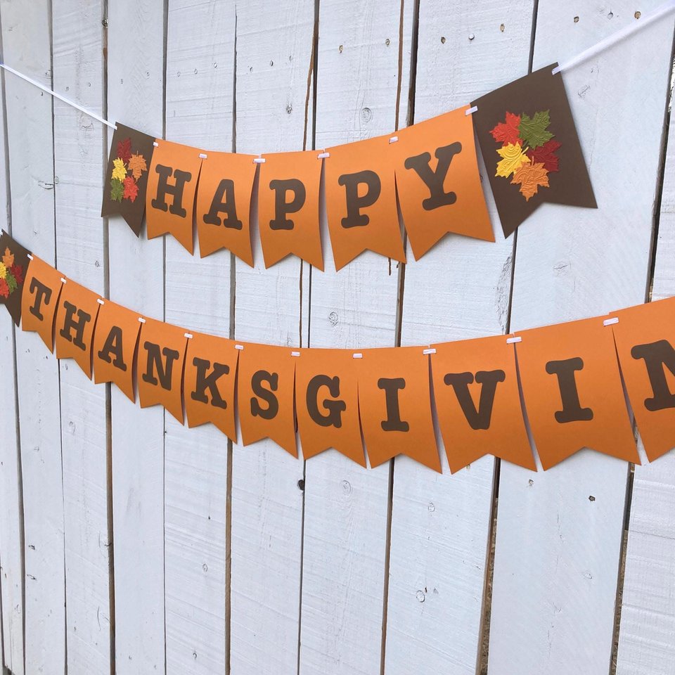 Happy Thanksgiving Banner, Large Thanksgiving Day Sign, Orange and Brown Fall Leaf Wall Decor, Family Gathering Decoration, Autumn Holiday