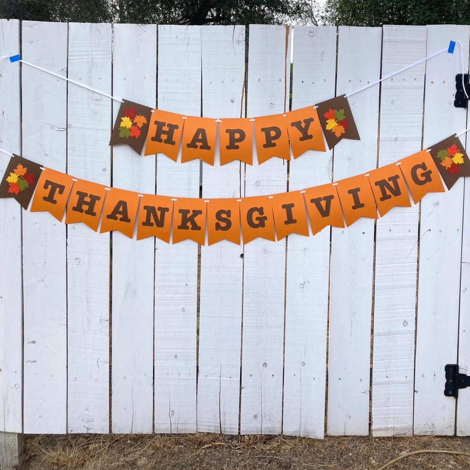Happy Thanksgiving Banner, Large Thanksgiving Day Sign, Orange and Brown Fall Leaf Wall Decor, Family Gathering Decoration, Autumn Holiday