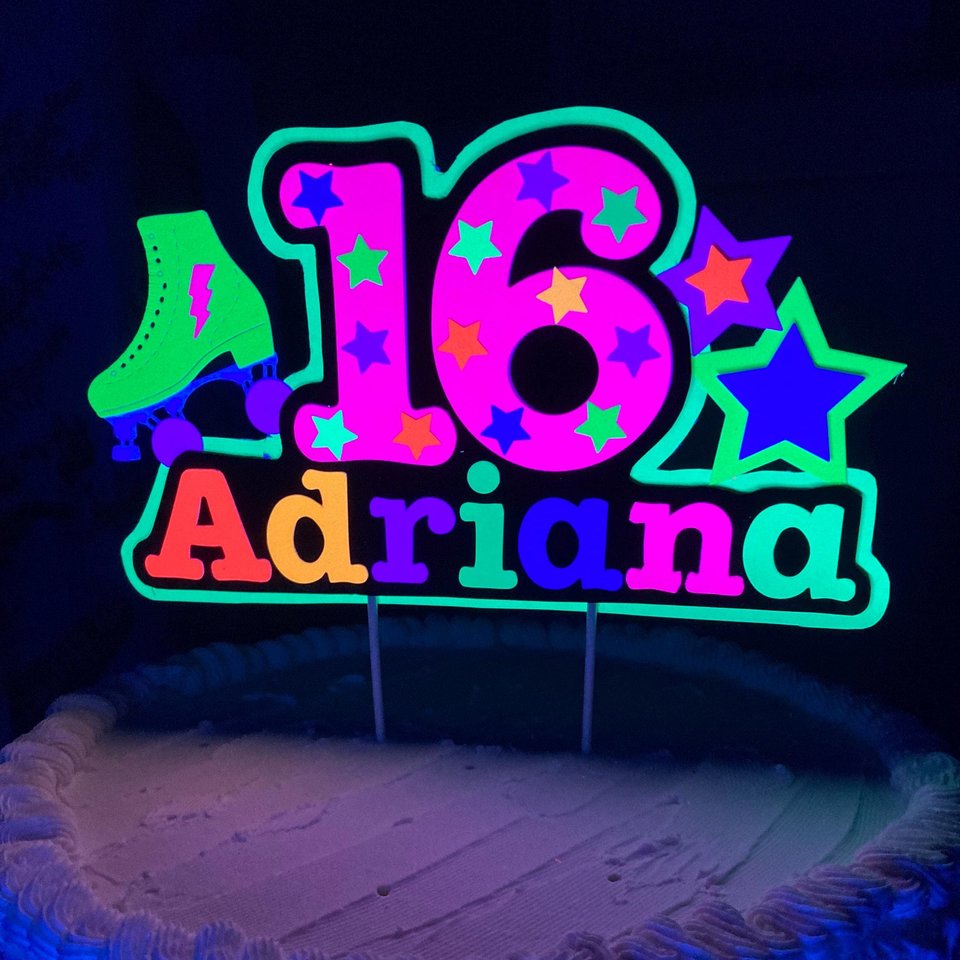 13th Birthday Party Neon Cake Topper, Personalized Roller Skate Glow Party Cake Decoration with Name and Age, , Fluorescent Star Centerpiece