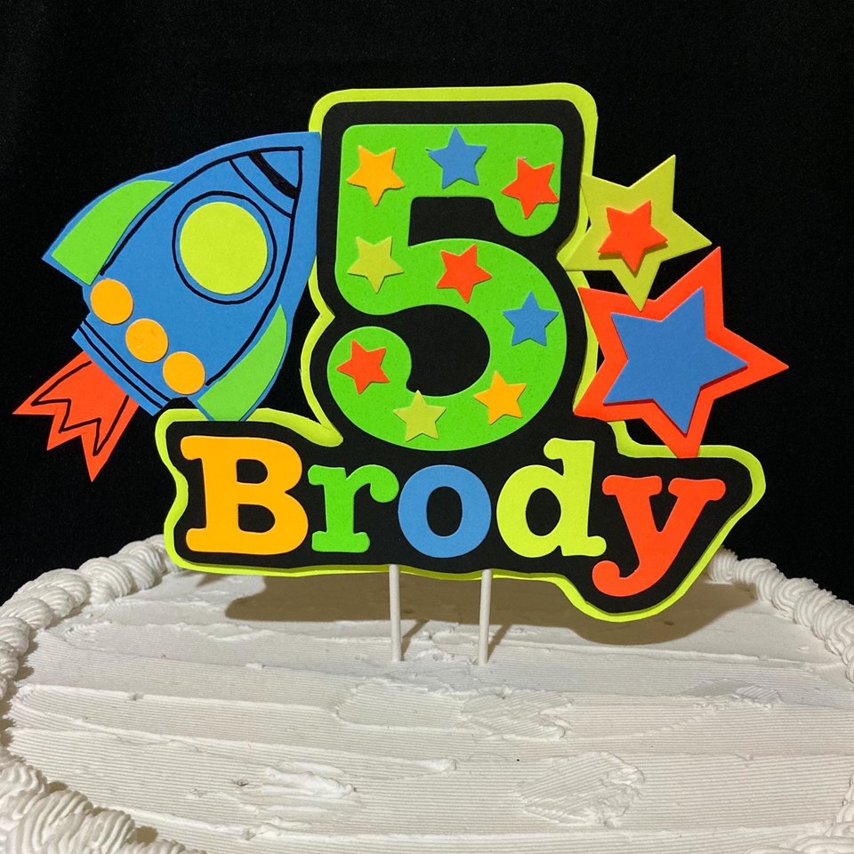 Spaceship Glow Party Kids Cake Topper, Space-theme birthday, Personalized Neon UV Reflective Cake Centerpiece, Black Light Fluorescent Decor