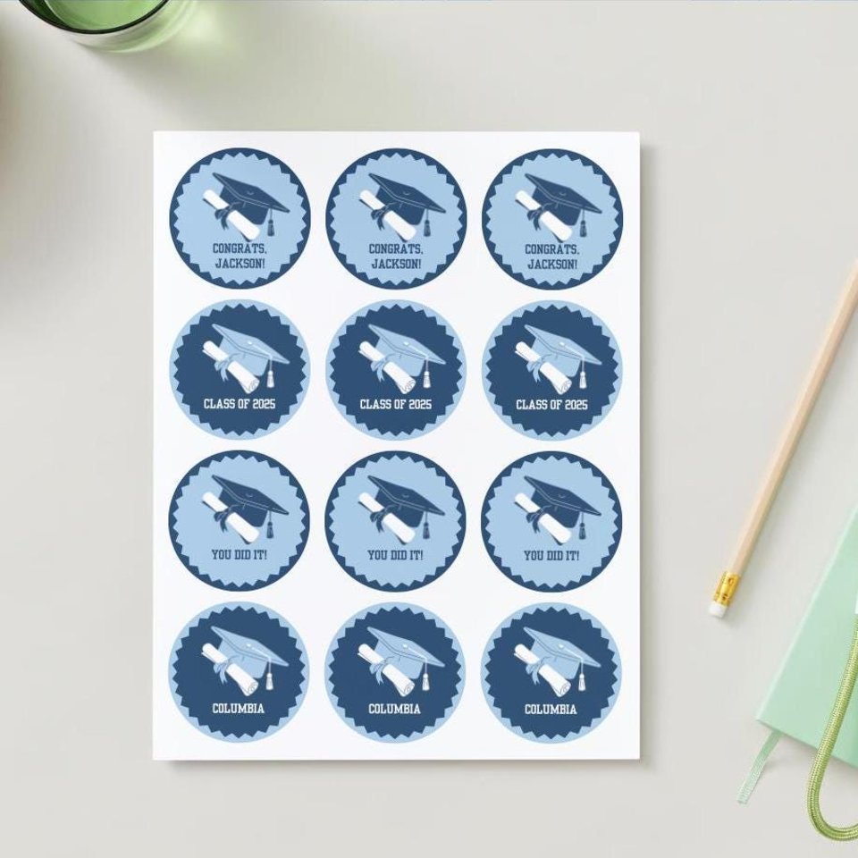 Digital Download Editable Graduation Cupcake Toppers, Personalized Columbia cupcake topper, light blue and navy graduation decor, DIY topper