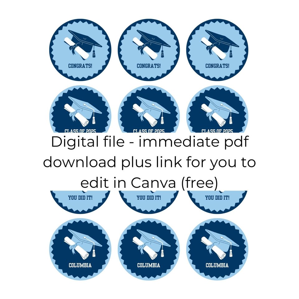 Digital Download Editable Graduation Cupcake Toppers, Personalized Columbia cupcake topper, light blue and navy graduation decor, DIY topper