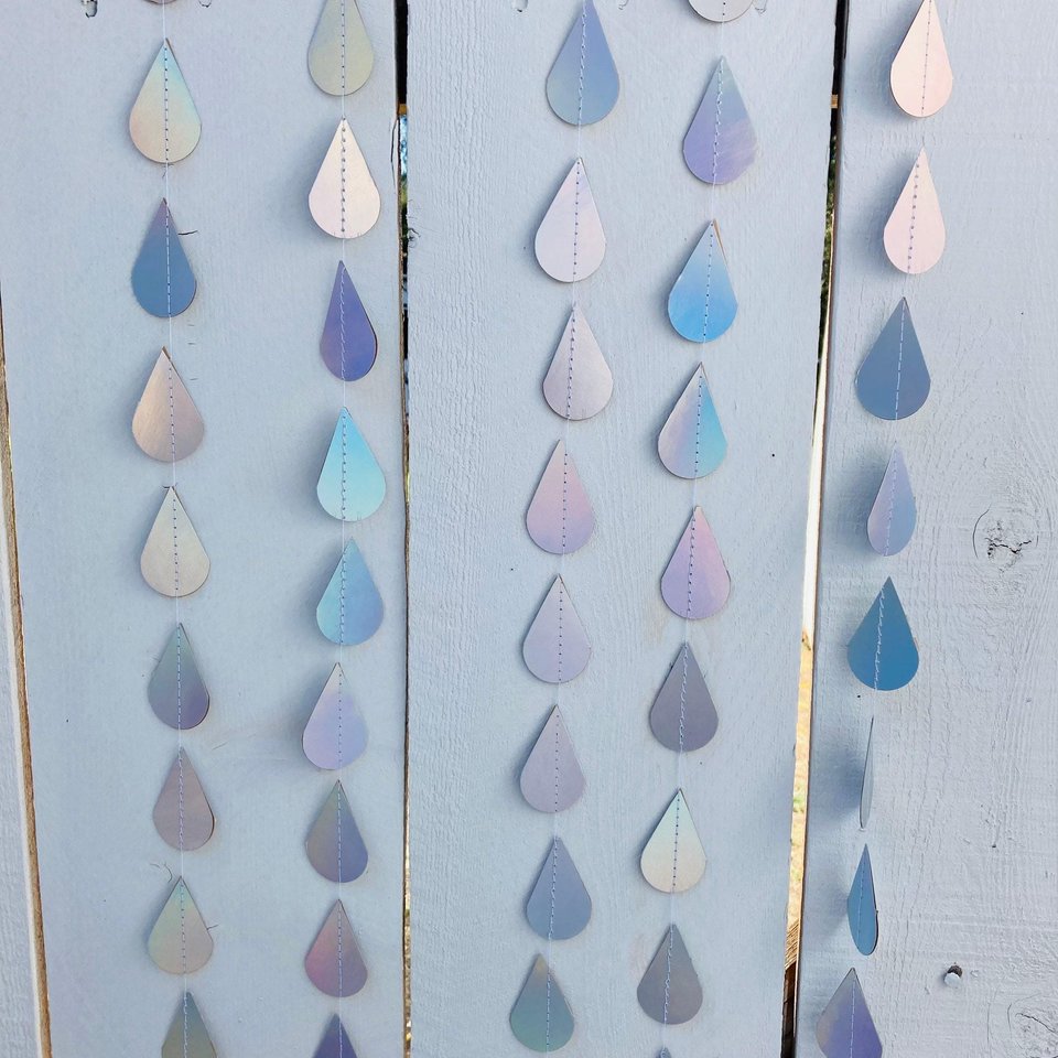 Iridescent Raindrop Garland, Holographic, Baby Sprinkle Decor, Baby Shower Decoration, Gender Reveal Shower, Shimmer Raindrops, Silver Rain