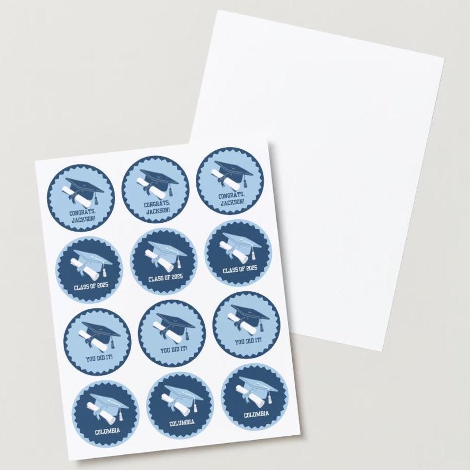 Digital Download Editable Graduation Cupcake Toppers, Personalized Columbia cupcake topper, light blue and navy graduation decor, DIY topper