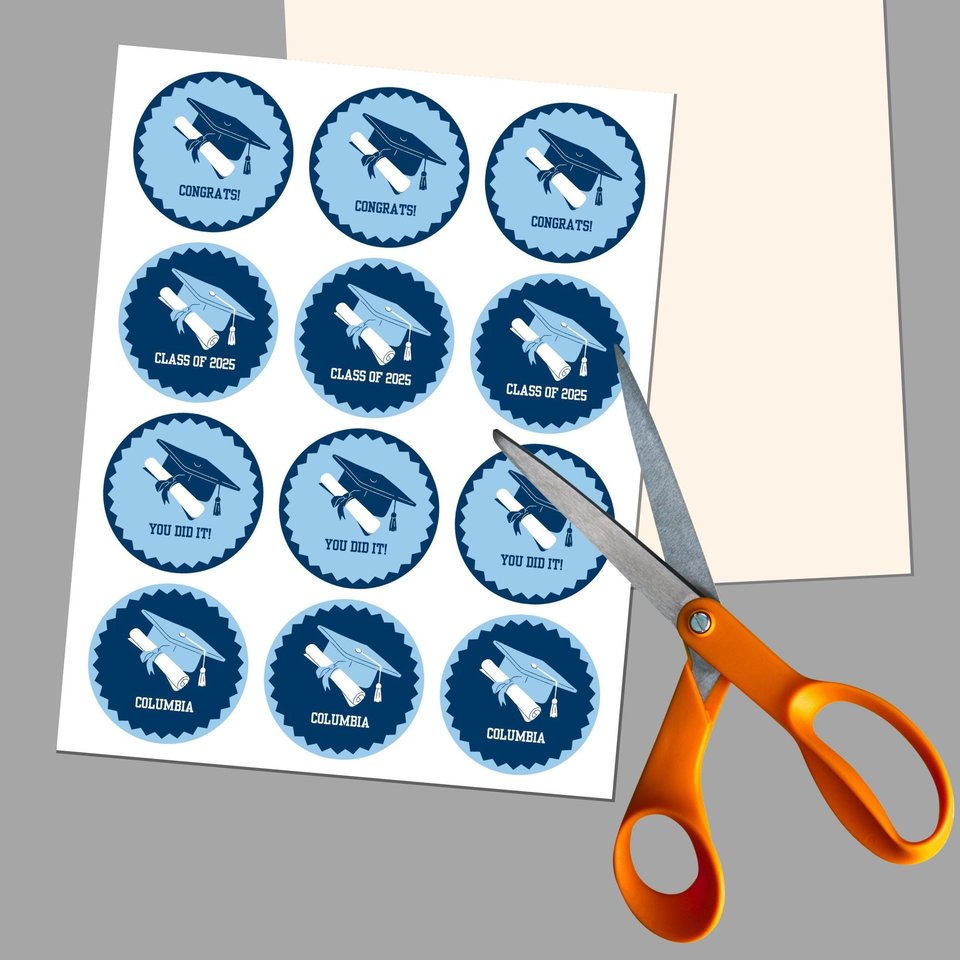 Digital Download Editable Graduation Cupcake Toppers, Personalized Columbia cupcake topper, light blue and navy graduation decor, DIY topper